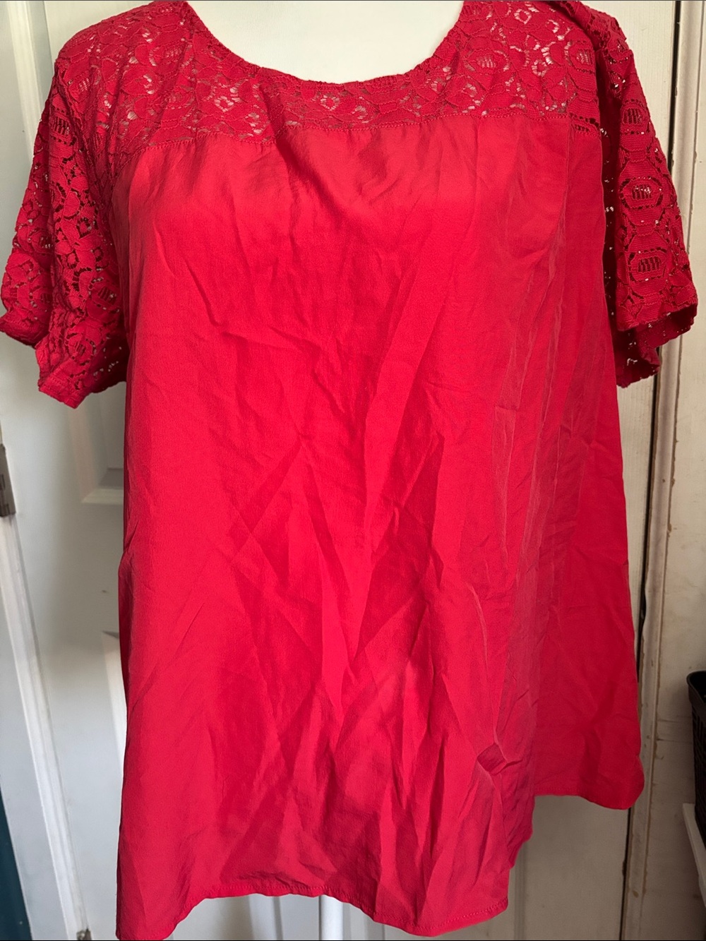 Van Heusen Bright Red Lace Yoke Short Sleeve Blouse